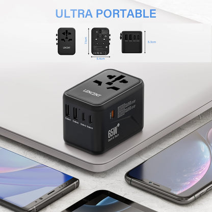 LENCENT 65W/100W GaN Fast Charging International Travel Adapter - 2 USB and 3 Type-C Ports, Includes EU, AU, US, UK Plugs