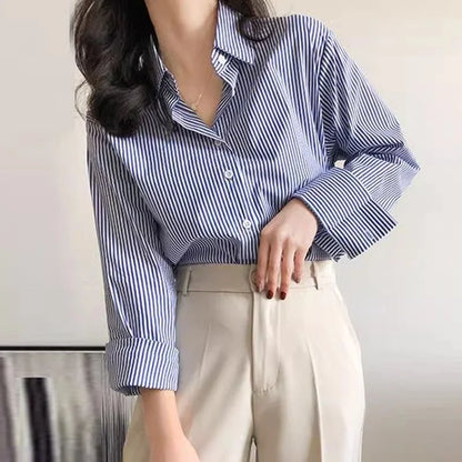 Classic Striped Women’s Blouse — Spring & Autumn Long Lantern Sleeve Shirt with Stand Collar