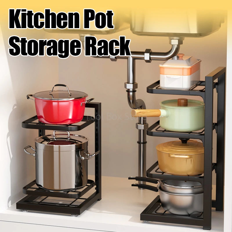 Adjustable Multi-Layer Pot Storage Rack: Kitchen Sink Shelf for Household Cabinet Organization - Pot Holder and Frying Pan Bowl Organizer