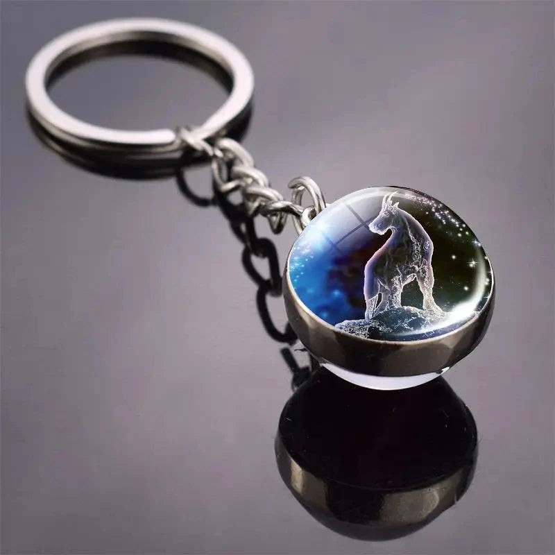 S12 Constellation Keychain – Luminous Double-Sided Zodiac Glass Ball Pendant for Men & Women
