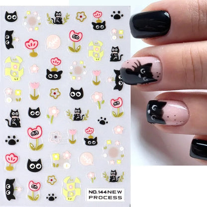 2PCS 3D Black Cat Nail Stickers - Cute Cartoon Self-Adhesive Nail Art Decals for Manicure