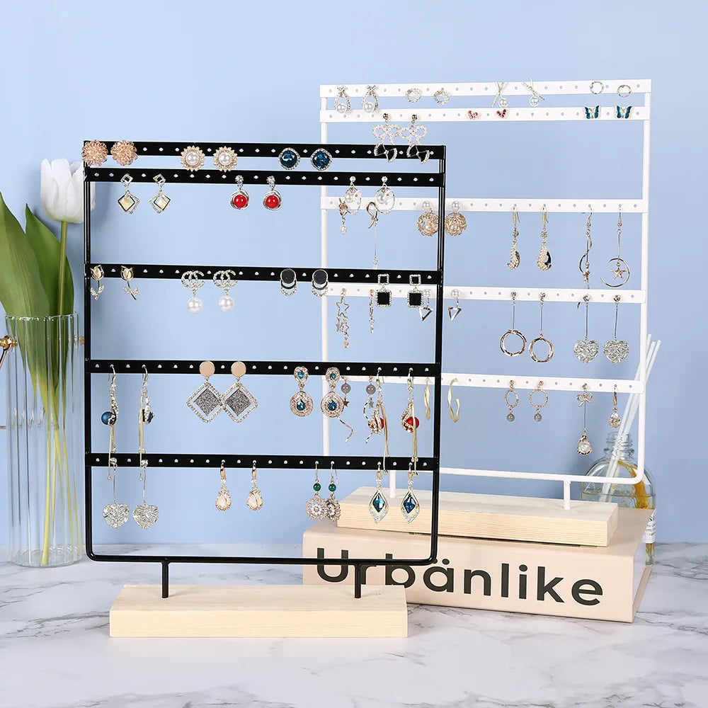 5-Tier Earring Display Stand - 100 Holes Metal Jewelry Organizer with Wooden Base Storage Rack