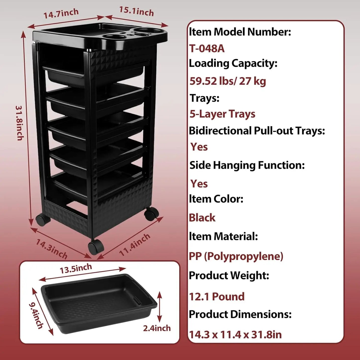 5-Tier Black Salon Rolling Cart – Mobile Hairdressing & Makeup Storage Trolley with Wheels for Nail and Cosmetology Supplies