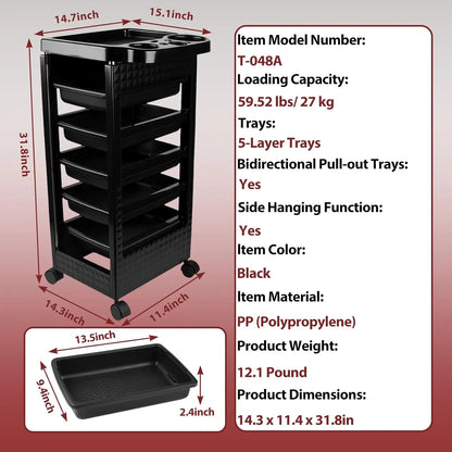 5-Tier Black Salon Rolling Cart – Mobile Hairdressing & Makeup Storage Trolley with Wheels for Nail and Cosmetology Supplies