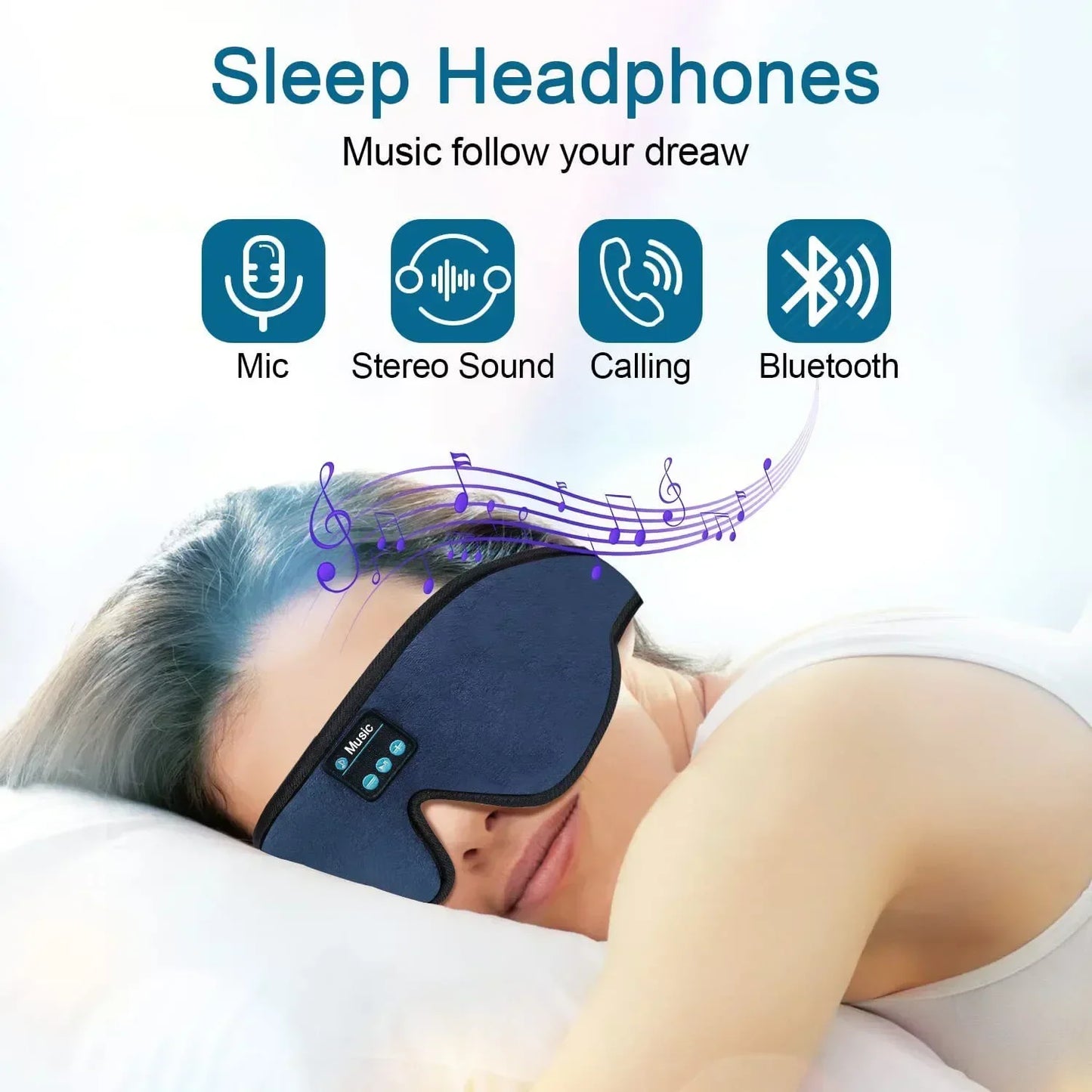 3D Bluetooth 5.0 Sleep Headphones - Wireless Headband with Breathable Music Eye Mask, Ideal for Side Sleepers and Gift-Giving
