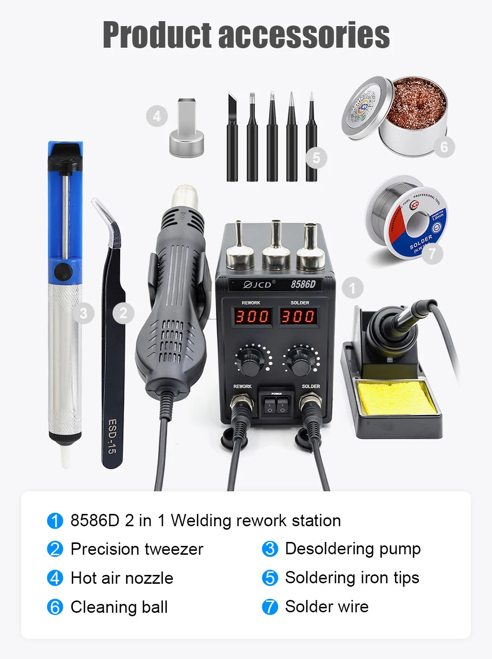 JCD 8586D 2-in-1 750W Soldering Station with Hot Air Gun – LCD Digital Display Electric Soldering Iron for SMD Welding & Rework