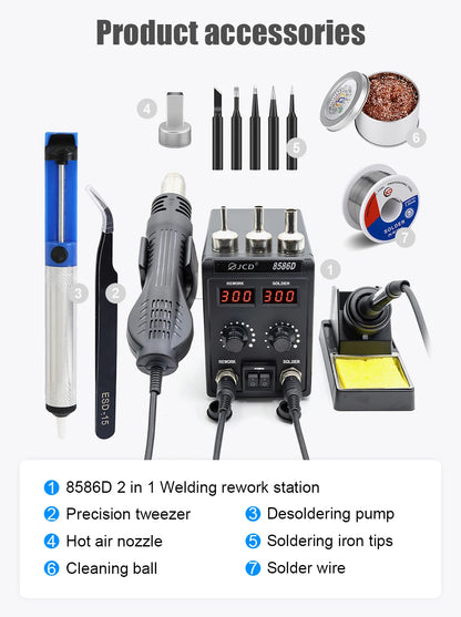 JCD 8586D 2-in-1 750W Soldering Station with Hot Air Gun – LCD Digital Display Electric Soldering Iron for SMD Welding & Rework