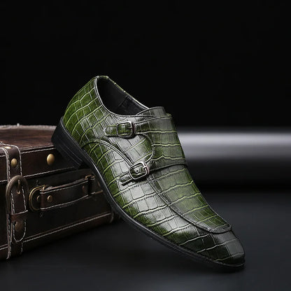 Men’s Crocodile Grain Leather Brogue Shoes - Luxury Buckle Dress Shoes for Business, Wedding and Party Wear