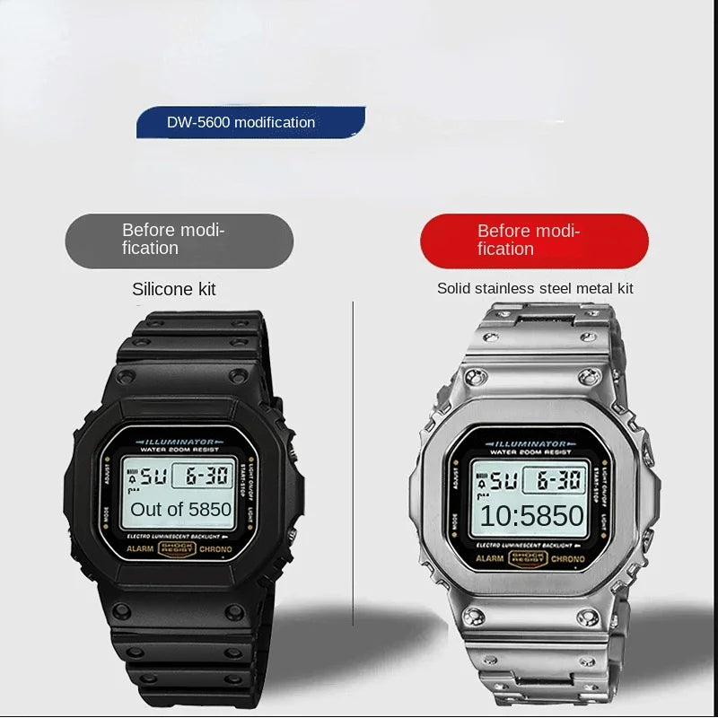 Gold and Black Stainless Steel Bezel and Strap Set for Casio G-Shock DW-5600, GW-B5600 & GW-M5610 - Metal Watch Case Modification Kit