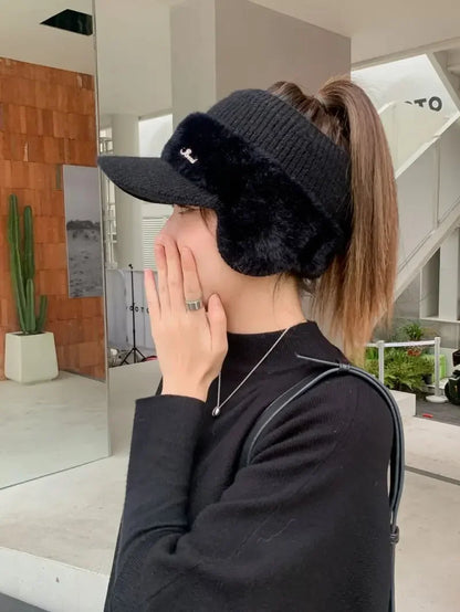 Winter Hats for Women 2023 – Fashionable Knitted Earflap Baseball Cap, Windproof Ponytail Visor for Outdoor Sports