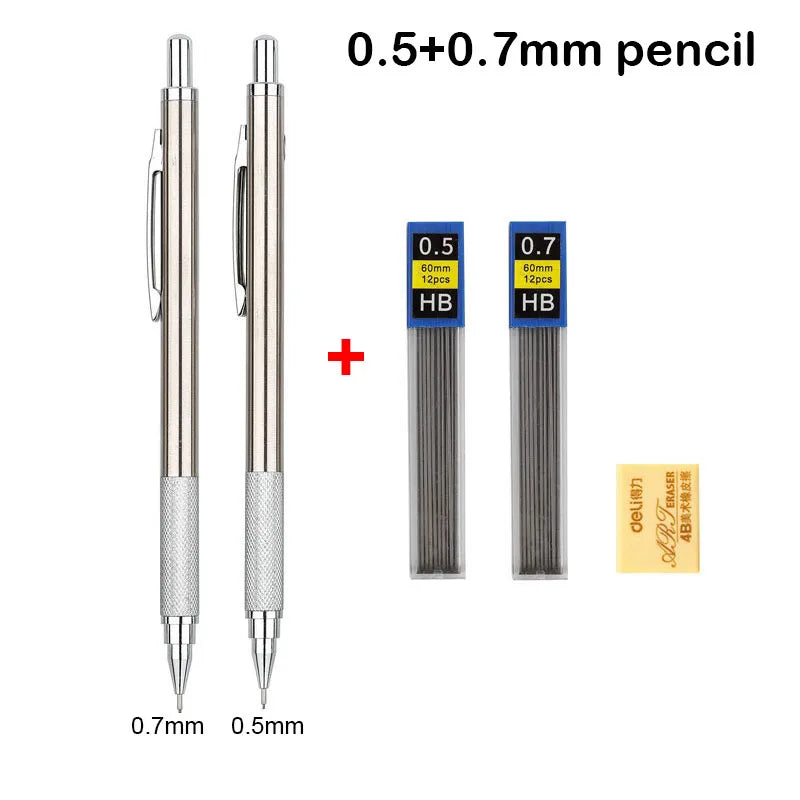 Full Metal Mechanical Pencil Set - 0.3–2.0mm Automatic Drawing Pencils with Leads for Art, School, and Office Use