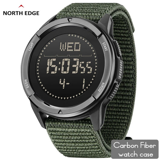 NORTH EDGE ALPS Men's Digital Carbon Fiber Watch Shockproof Military Sports Waterproof 50M Outdoor Compass Wristwatch