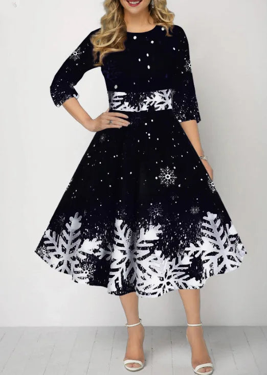 Women’s Winter Christmas Dress – Vintage Swing Robe with Half Sleeves, Elegant Casual Print Party Dress