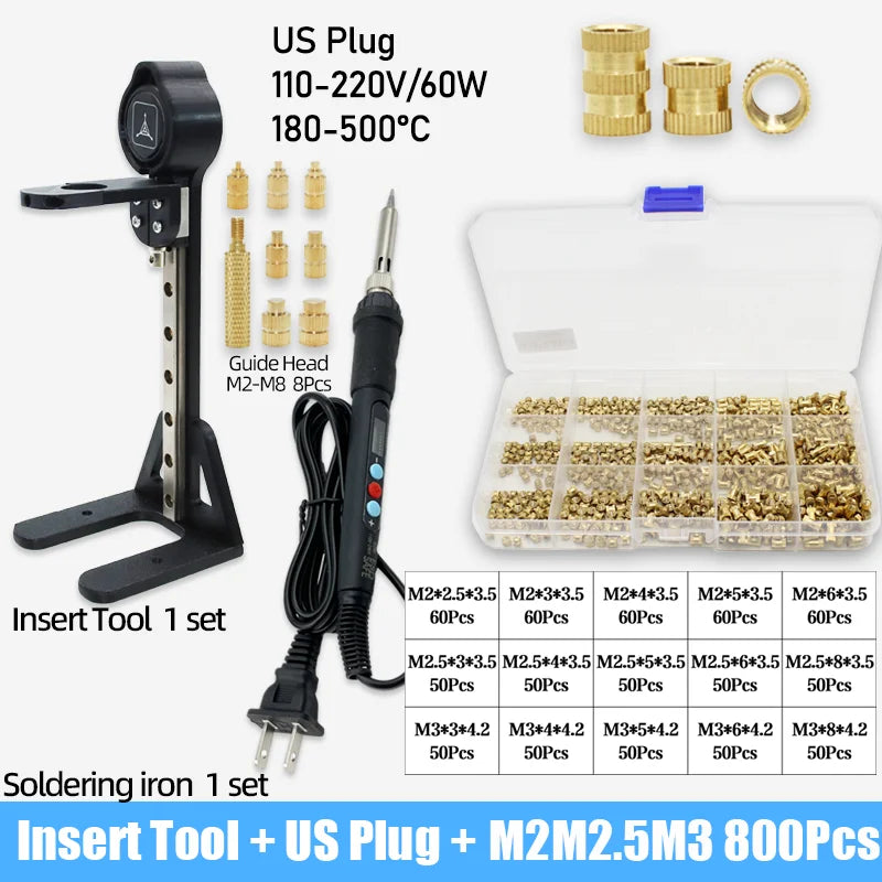Heat Set Insert Tool Kit for 3D Printing – M2–M8 Brass Threaded Copper Nuts & Soldering Iron Tips