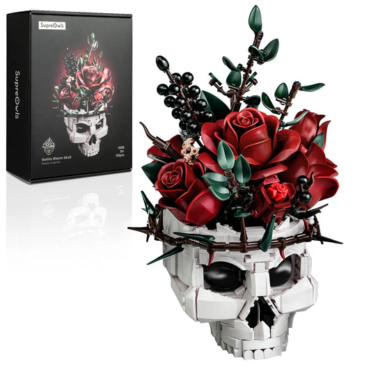 Skull Roses Bouquet Building Set – Gothic Skeleton Flower Pot Blocks for Horror Home Decor & Adult Christmas Gift