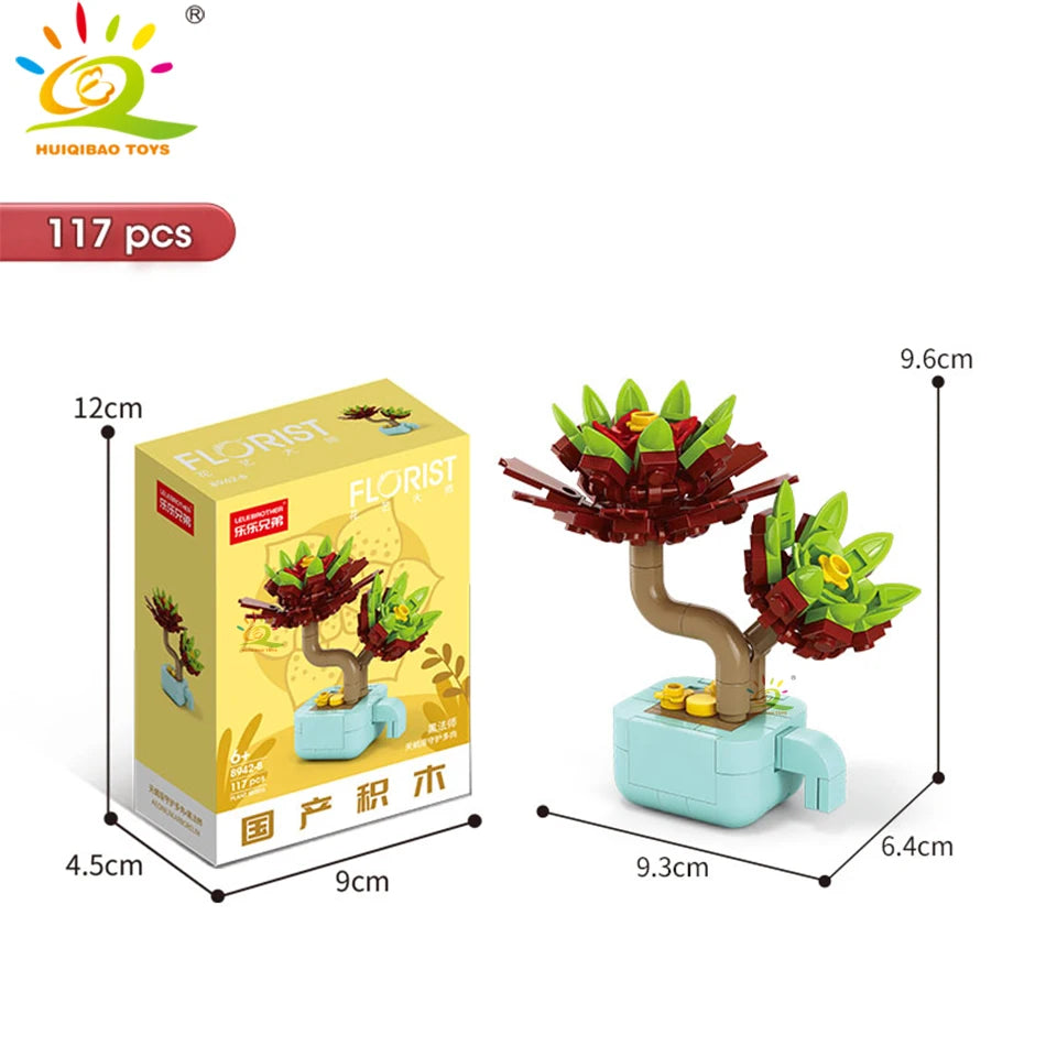 HUIQIBAO MOC Flower & Succulent Potted Building Block Set – DIY Eternal Bouquet, Home Desk Plant Decor, Girls & Kids Toy Gift
