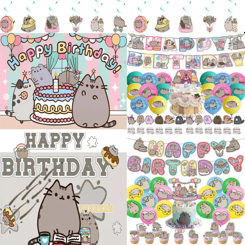 Pusheen Cat Birthday Party Decorations - Cartoon Pet Theme Balloons, Banner, Backdrop, Cake Topper, and Baby Shower Stickers