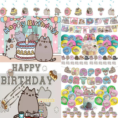 Pusheen Cat Birthday Party Decorations - Cartoon Pet Theme Balloons, Banner, Backdrop, Cake Topper, and Baby Shower Stickers