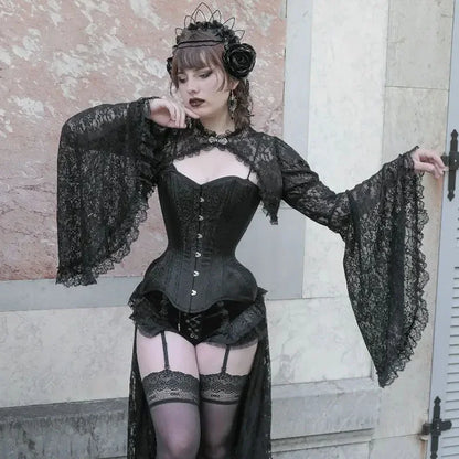 Lace Gothic See-Through Shrug Top – Black Flare Sleeve Crop Top, Vintage Punk Style for Women