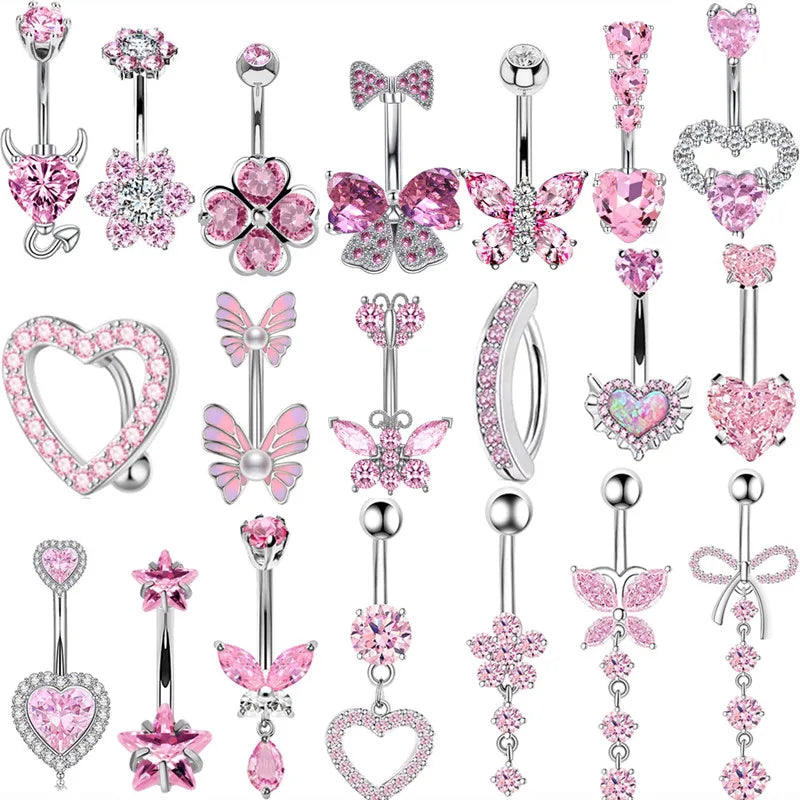 Pink Crown Belly Button Ring – Stainless Steel Heart Navel Piercing Barbell with Crystal for Women & Girls