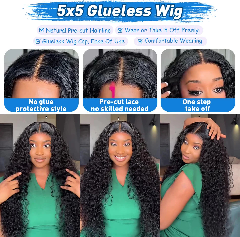 Xcurly Loose Deep Wave Glueless 5x5 Lace Closure Wig – 220% Density Pre-Plucked Transparent Human Hair Water Curly Wig
