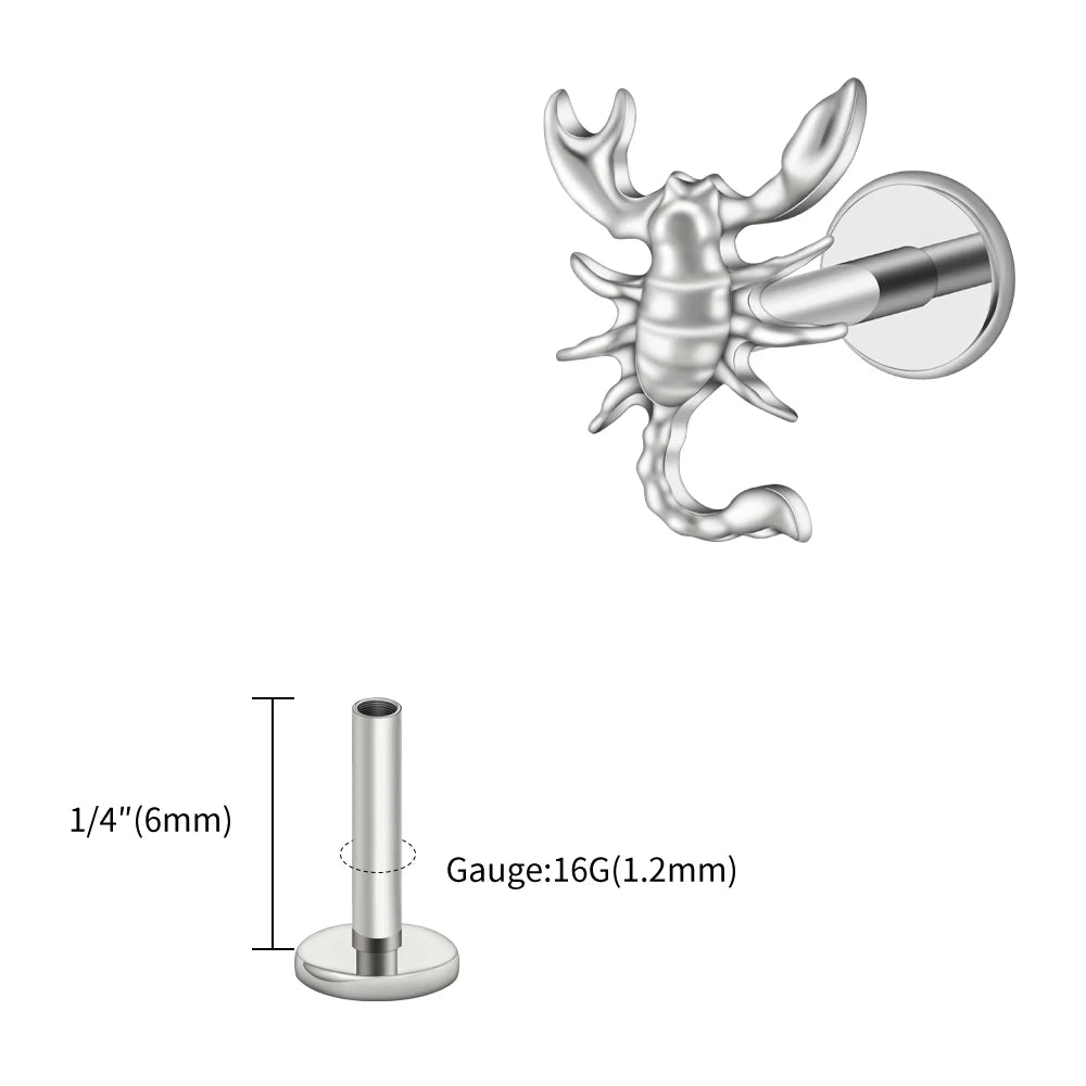 Right Grand ASTM F136 Titanium 16G Scorpion Labret Stud Earring – Flatback Zodiac Design for Tragus, Helix & Cartilage Piercing Body Jewelry