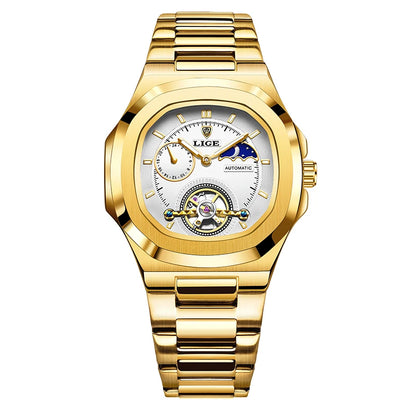 LIGE Dual Seconds Tourbillon Watch – Men's Stainless Steel Mechanical Timepiece, 24H, Night Glow, Waterproof