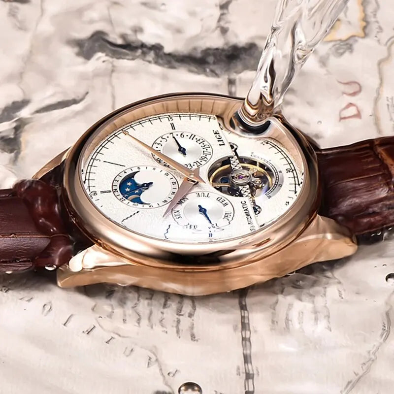 LIGE Men's Automatic Mechanical Tourbillon Watch - Waterproof Genuine Leather Military Wristwatch