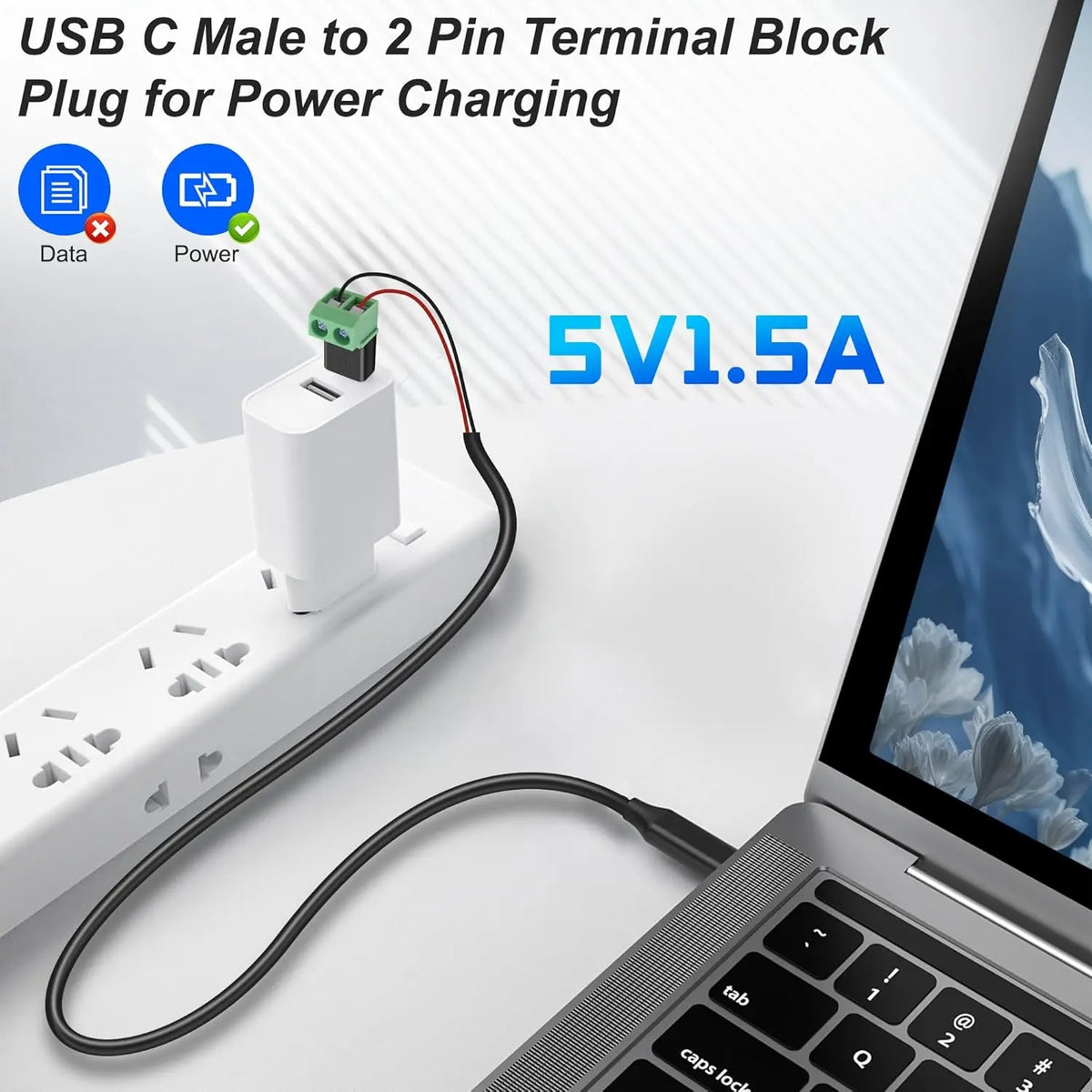 USB-C to 2-Pin Terminal Adapter - Solderless Screw-Type 5V Charging Connector, Green, 1–4 Pack