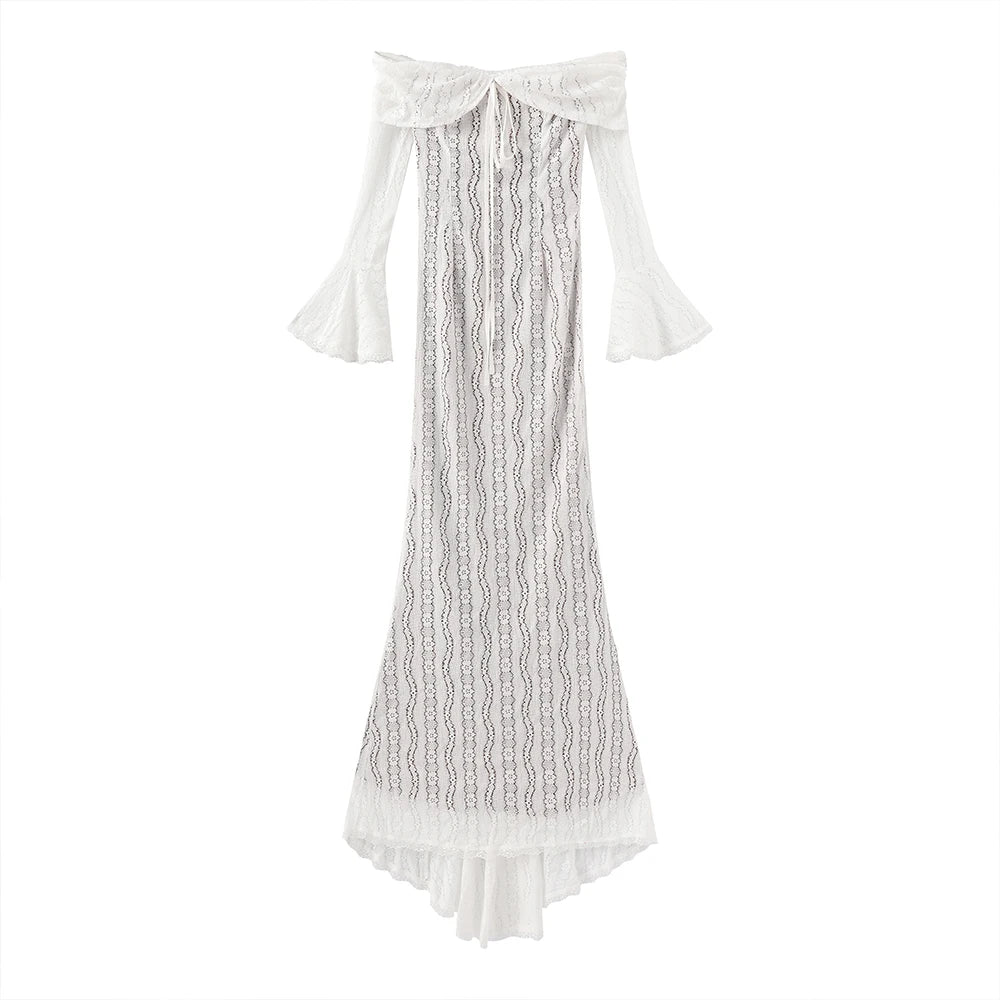 Suninheart White Off-Shoulder Bodycon Dress – 2025 Elegant Lace Long Sleeve Maxi Dress for Women, Wedding Guest Outfit