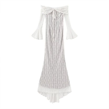 Suninheart White Off-Shoulder Bodycon Dress – 2025 Elegant Lace Long Sleeve Maxi Dress for Women, Wedding Guest Outfit