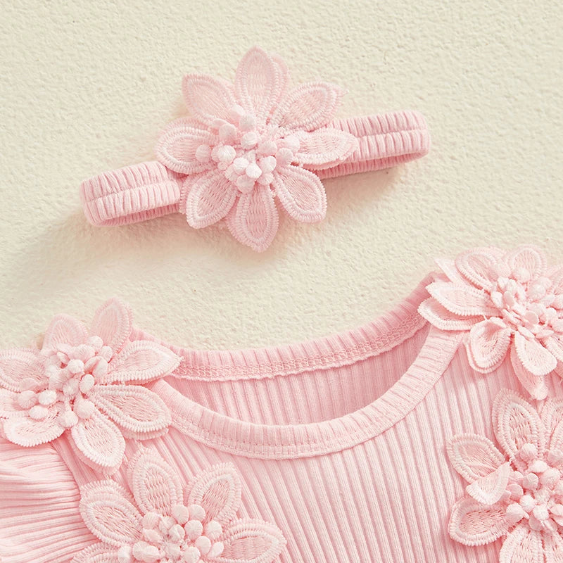 3D Flower Baby Girls’ Romper - Princess Mesh Lace Ruffle Bodysuit Dress with Headband