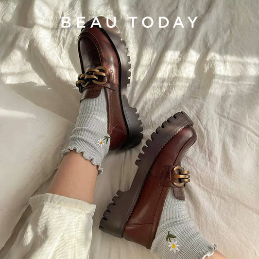 BeauToday Women’s Chunky Loafers – Genuine Leather Platform Slip-On Flats with Round Toe and Metal Chain, Handmade 27748