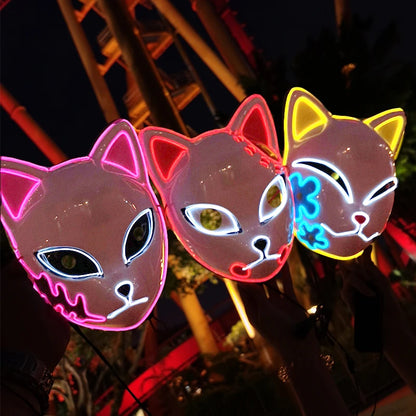 Glowing LED Fox Mask – Neon Japanese Anime-Inspired Samurai Cosplay Mask for Halloween, Christmas & Costume Parties