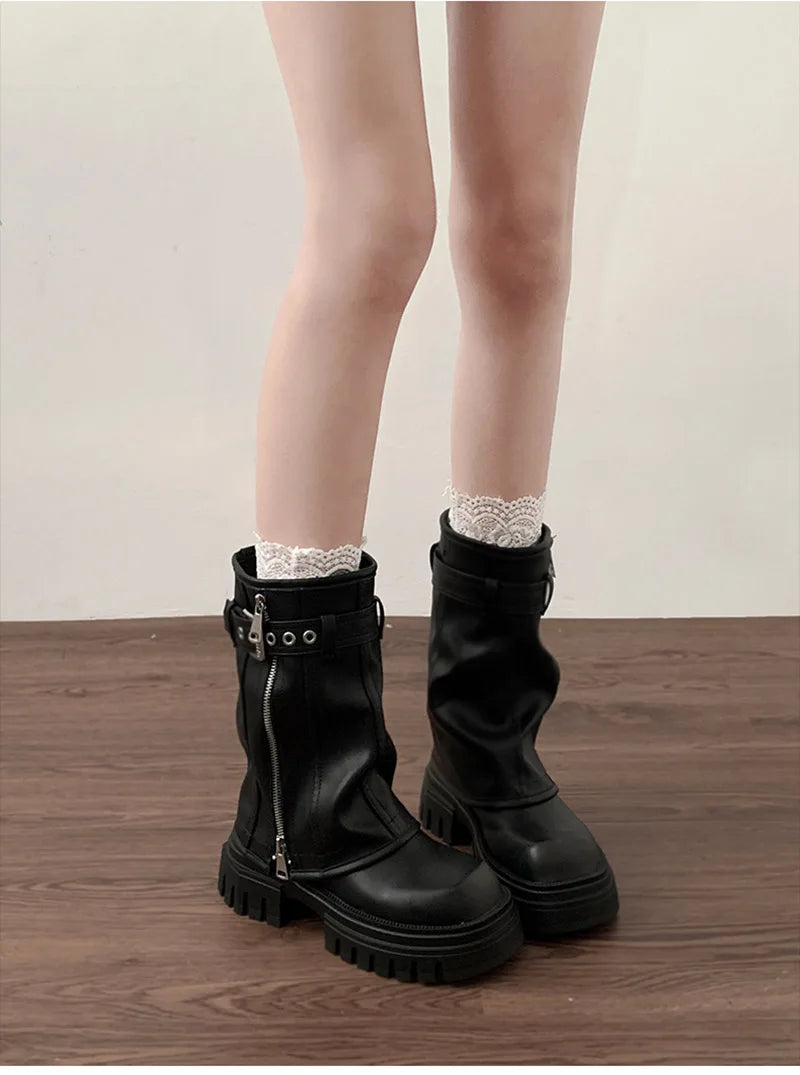 Women’s Winter Biker Boots – Fashion Belt Buckle Platform Short Booties, Casual Knight-Style Flats