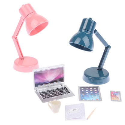 6–7PCS 1:12 Dollhouse Miniature Study Desk Set — Laptop, Phone, Tablet, Lamp & Books Scene Decor