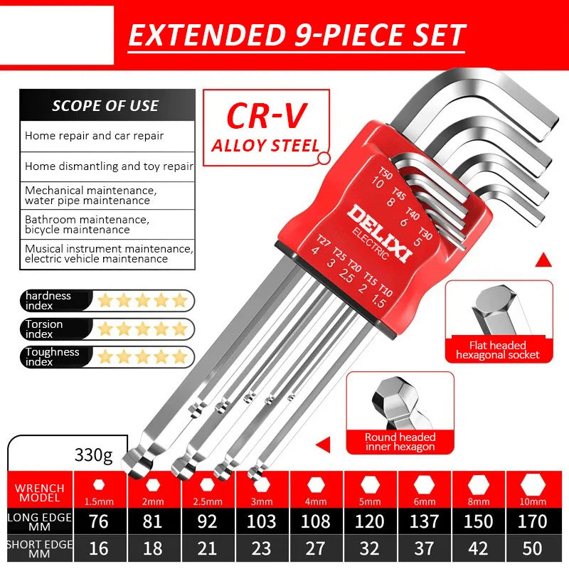 DELIXI ELECTRIC Allen Key Set - Metric Hex Wrench Screwdriver Kit with Long Torque Handles for Motorcycles & Bicycles