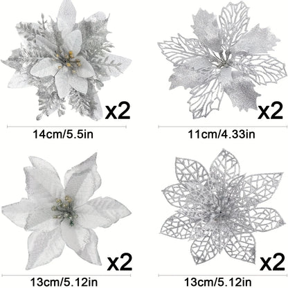 8/16PCS Glitter Artificial Christmas Flowers | Xmas Tree Decorations & Home Ornaments for 2025 New Year