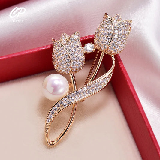 Luxury Tulip Flower Brooch Pin with White Stone – Elegant Rose Floral Jewelry for Women (2023 Design)