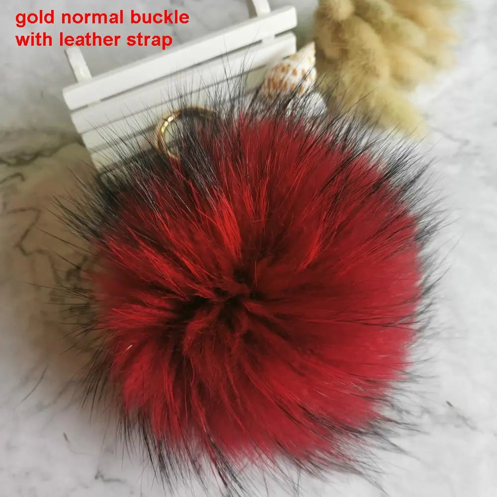 Luxury 15cm Fluffy Real Raccoon Fur Pom Pom Keychain – High-Quality Metal Ring Pendant for Women