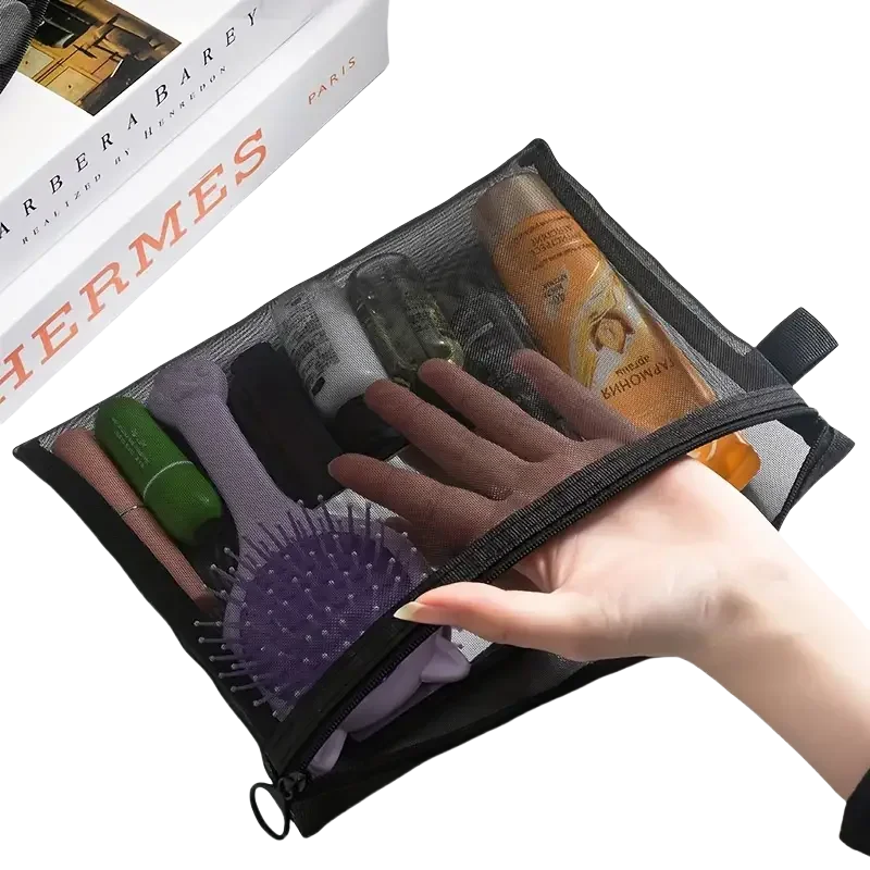 1/3PCS Black Mesh Clear Cosmetic Bag Set Portable Travel Makeup Toiletry Organizer Pouch Storage Case
