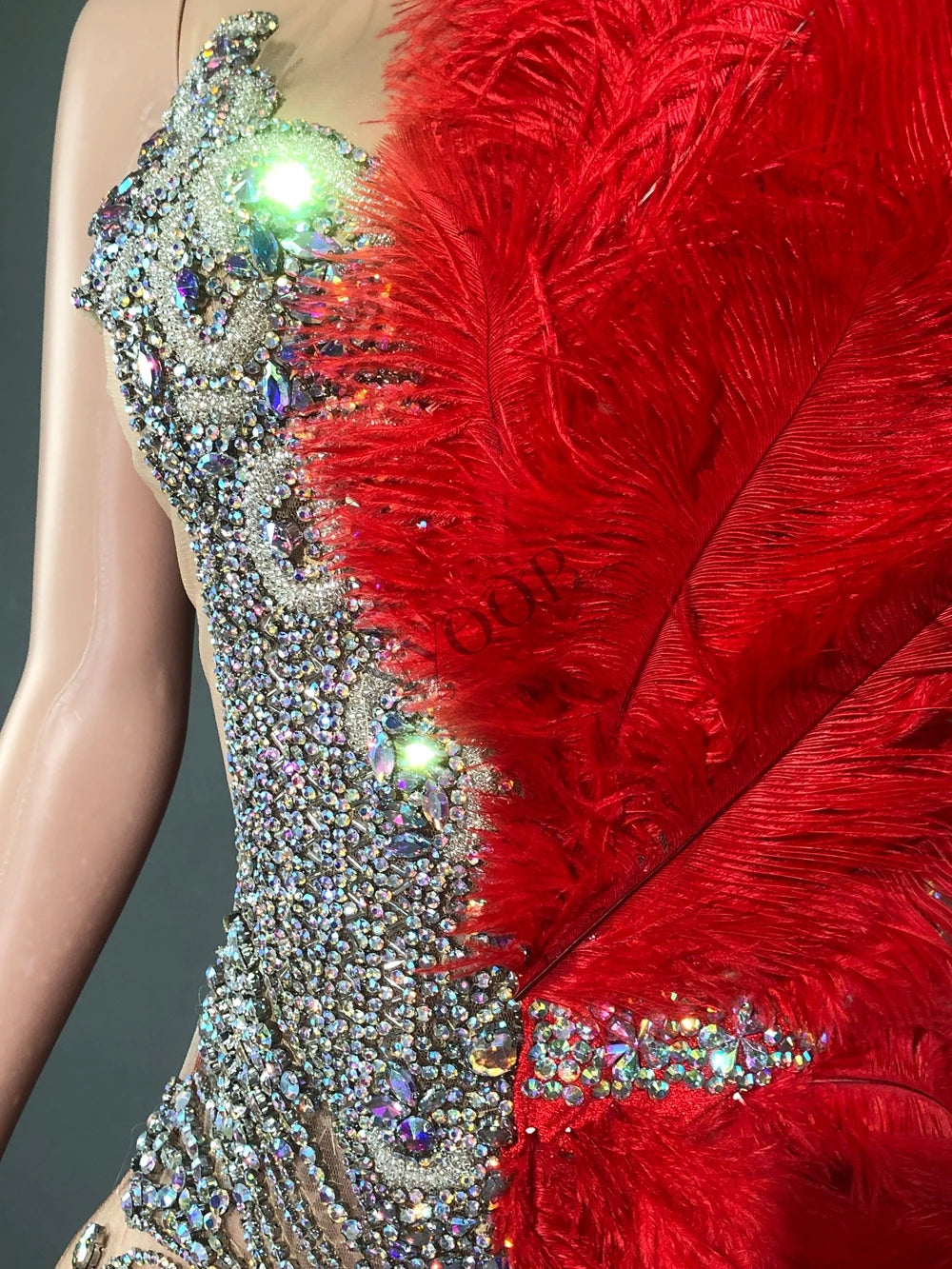 Sparkly Rhinestone Mesh Velvet Feather Mini Dress - Sleeveless Birthday & Dance Performance Costume