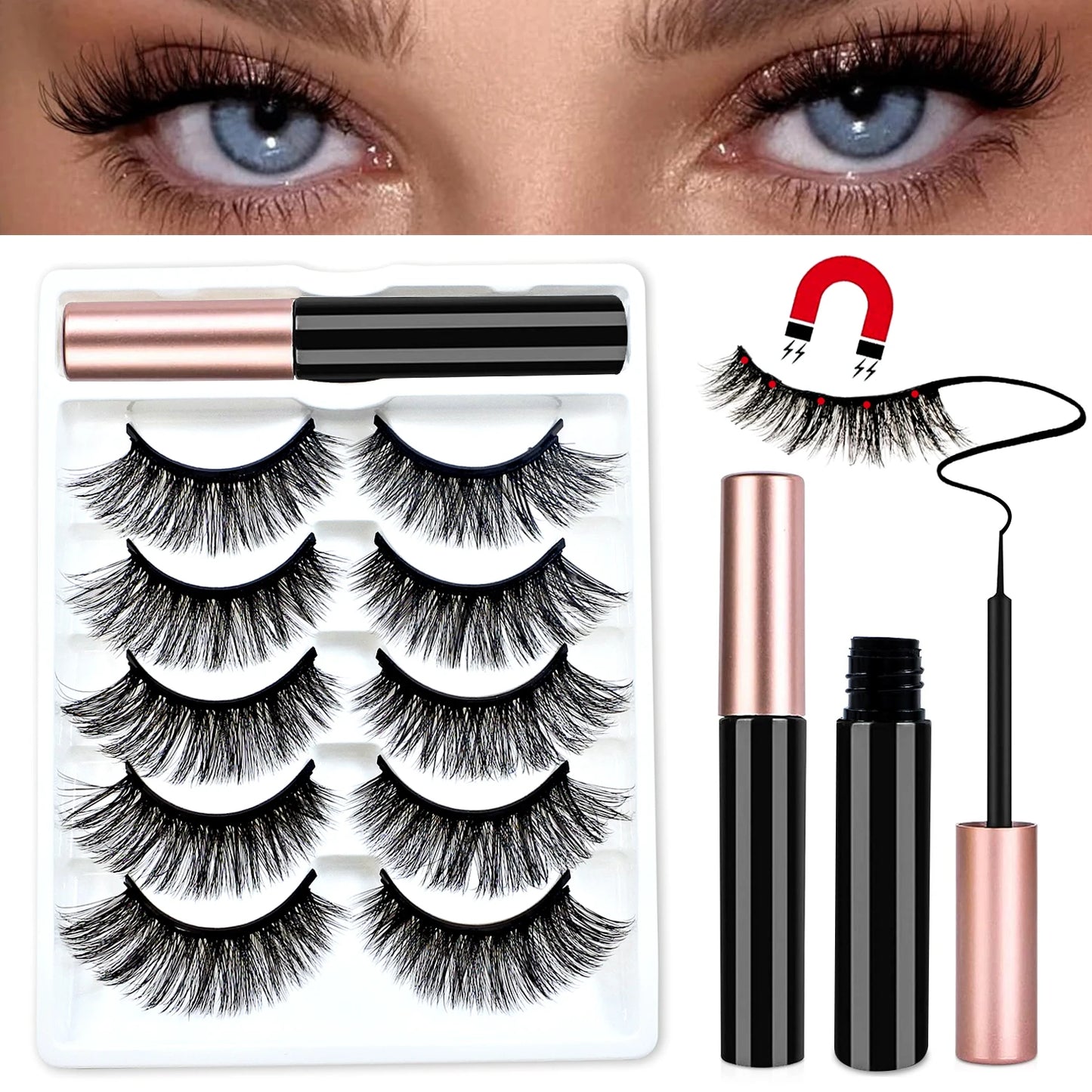 REDSIREN 5 Pairs Magnetic Eyelashes with Eyeliner – Reusable Thick Natural False Lashes