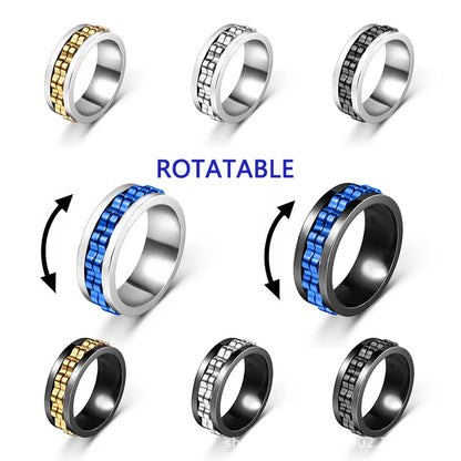 Stainless Steel Fidget Ring - Rotating Gear Chain Anti-Stress Anxiety Relief Ring for Men Size 6-13