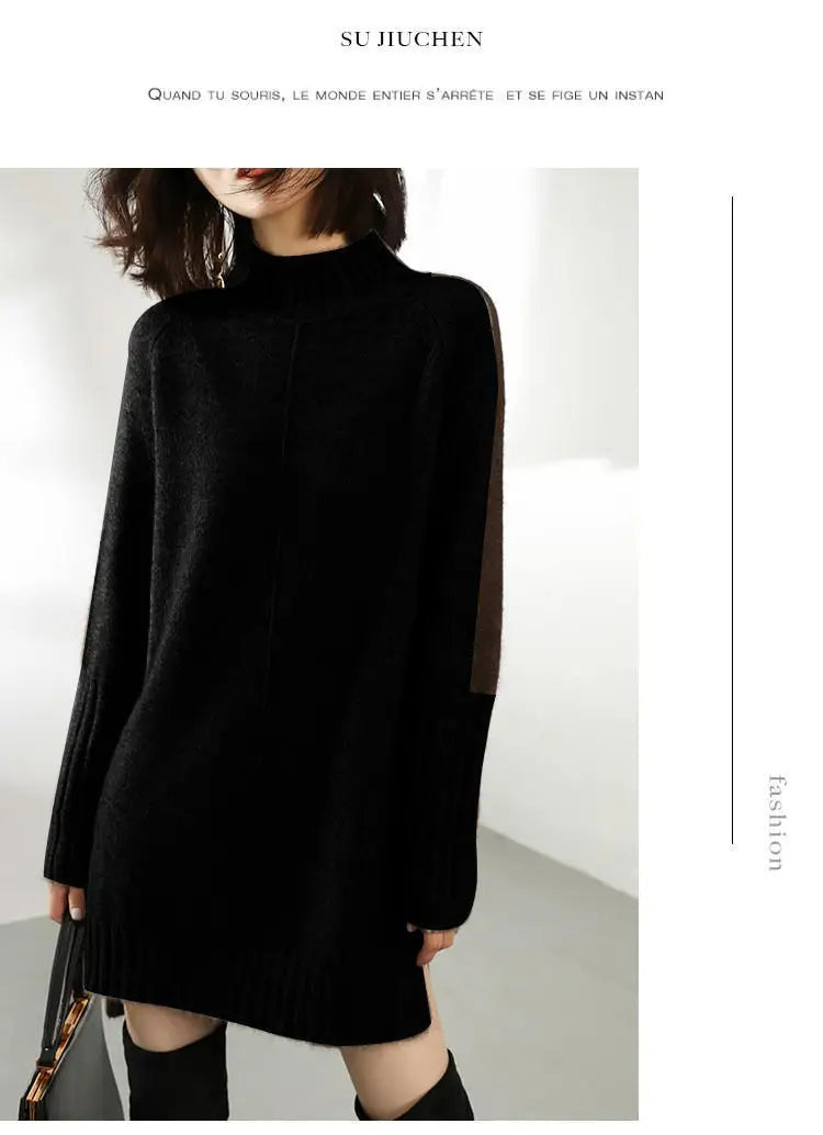 Turtleneck Knitted Sweater for Women – Autumn/Winter Warm Thick Pullovers, Wool Knit Crochet Y2K Split Jumper Cardigan