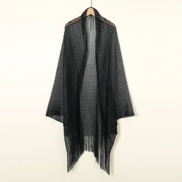 Evening Lace Sheer Shawl Scarf – Hollow Tassel Glitter Gold & Silver Thread Thin Long Sunscreen Wrap for Women Party Dresses