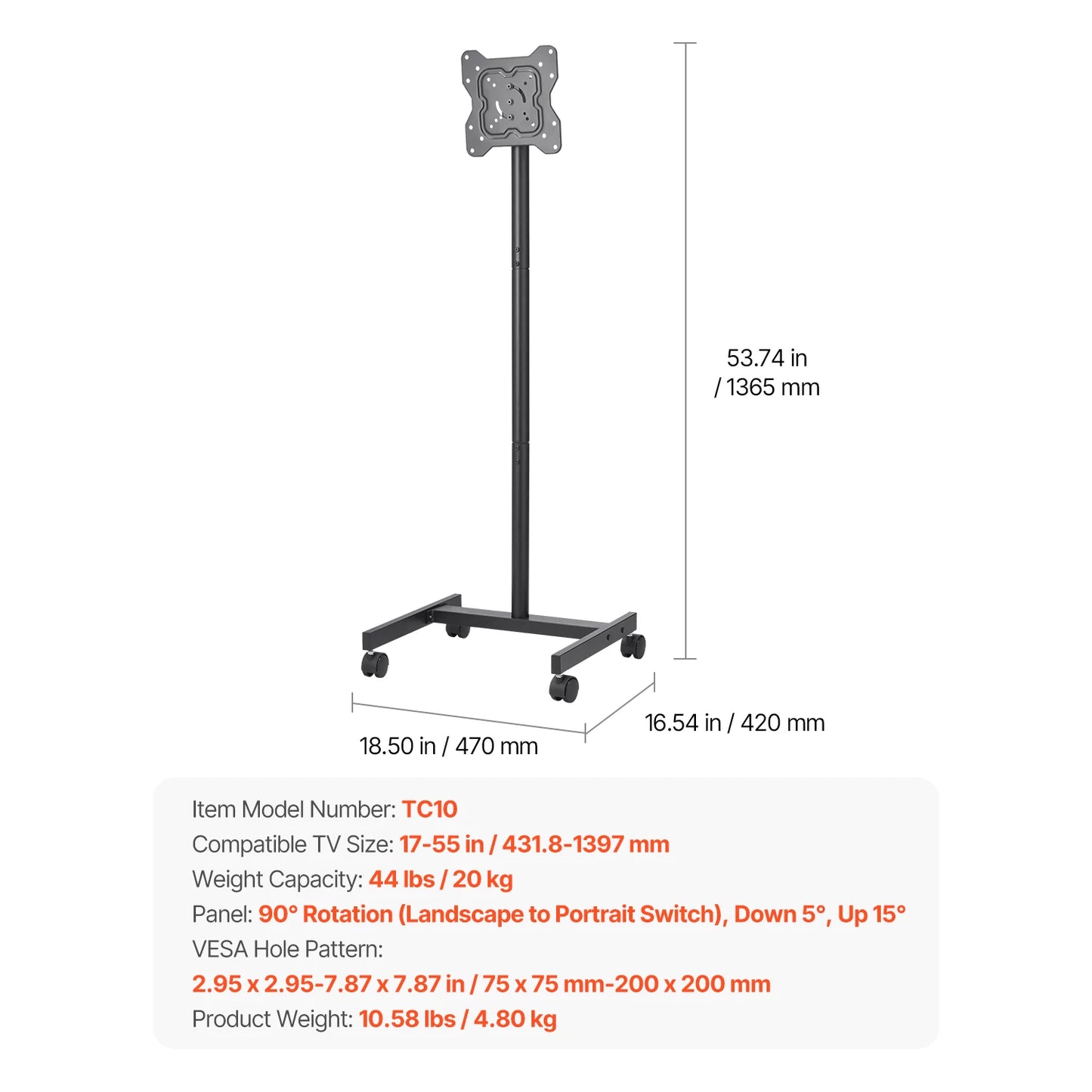 SucceBuy Mobile Rolling TV Stand Cart with Wheels for Multiple TV Sizes – Portable Adjustable TV Mount for Living Room, Bedroom & Office