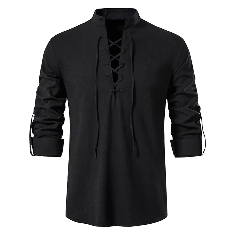 Men’s Cotton Linen Long Sleeve Shirt - Vintage Casual Drawstring Neck Shirt for Spring & Autumn