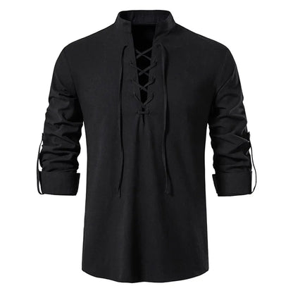Men’s Cotton Linen Long Sleeve Shirt - Vintage Casual Drawstring Neck Shirt for Spring & Autumn