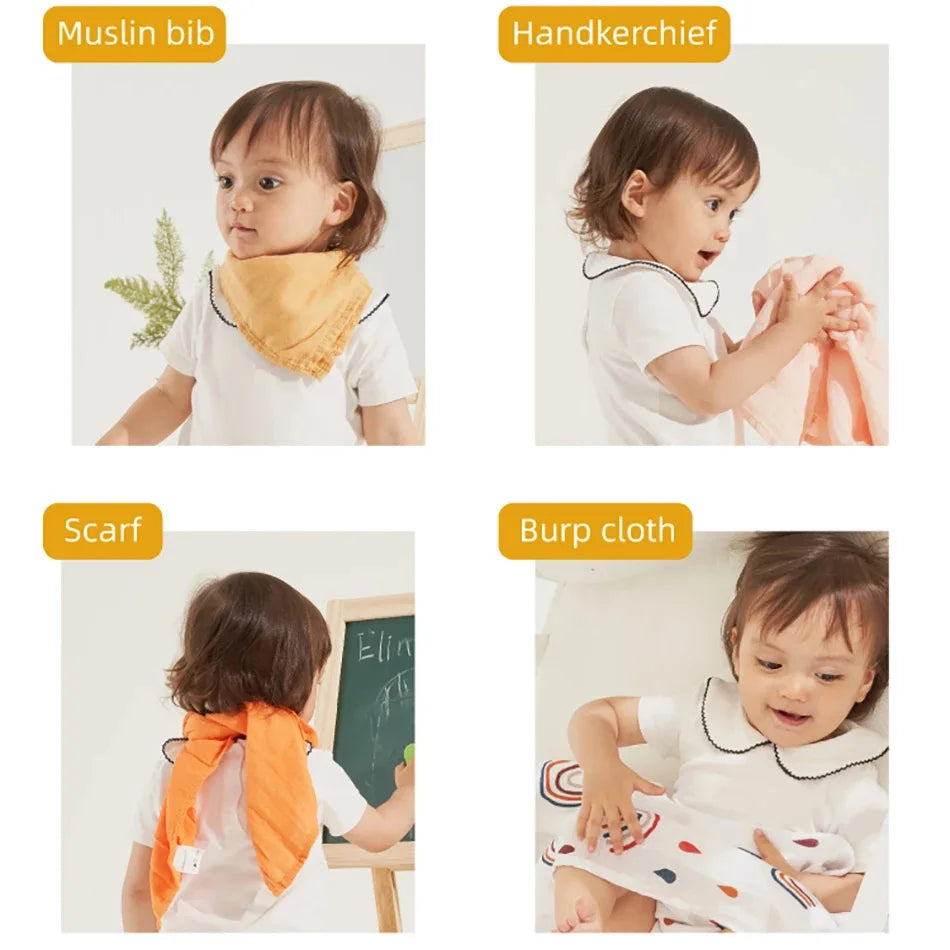 Elinfant 5-Piece Gift Set: Bamboo Cotton Muslin Bibs & Burp Cloths - 100% Cotton, 60x60cm, 2 Layers, Baby Scarf Handkerchief